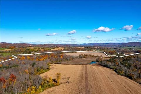 Panorama from middle field looking to the northwest. ï¿½The parcel offers multiple ponds, streams, well maintained trails, direct access to rail trail & productive land, perfect for organic farming, livestock, equestrian, recreational & sport.