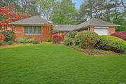 Spacious 3 Bedroom 2 bath Brick Ranch, primary Bedroom ensuite, EIK, Dining Room and living room with woodburning Fireplace, cozy den off the kitchen. Light and bright high ceilings great opportunity to make your own! Mature landscaping over a third of an acre in charming Charter Oaks in Kings park!