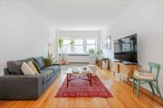 Perched on the top floor with sunlight streaming through 15 windows that face west, south and north. The entry hall brings you to the large dining area/foyer, and then on to the spacious, west-facing living room. To the left of the foyer is a walk-in closet and the renovated kitchen. The renovated kitchen (wood cabinets and quartz countertops) has an eat-in area as well. Beyond the kitchen is a roughly 9&rsquo; by 10&rsquo; room that has three windows and can serve as an office or third bedroom. The primary bedroom is massive and has 3 windows, two spacious closets and its own private bathroom with a stall shower. The second bedroom is also large. The main bath has a combined tub and shower, and like the other bath, has white tile accented with black tile trim. The Griswold is a well-maintained cooperative. Its rear garden area has been beautifully landscaped and includes a dog run. . In the basement you will find a laundry room, playroom, bike room, and storage. The building is pet friendly and allows subletting after two years of residency. Smoking is not allowed. Currently, there is a monthly assessment of $142.50. Close to transportation and everything Jackson Heights has to offer.