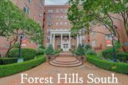 WELCOME TO FOREST HILLS SOUTH. Top Floor, Very sunny and spacious apartment with stunning Views from all windows. Beautiful apartment with classic elegance and charm, offers large entry foyer that can be used as a dining area or a home office, spacious Living Room, Windowed Kitchen with modern cabinets and new stainless steel appliances, windowed Bathroom with a tub and a shower stall, the primary bedroom is very spacious and can fit a King size bed, the second bedroom is sizable as well, all Hardwood Floors throughout the apartment, 9Ft Ceiling and many charming details. Located in Forest Hills South, a well-maintained and financially sound co-op. It features seven pre-war buildings with architectural beauty & charm, elegant lobbies, and hallways, surrounded by beautifully manicured English Gardens and water fountains with private sitting area for residents. Elevator building with great amenities, doorman service, live-in super, on-site maintenance staff, laundry room, storage & bike room, GYM, kidsâ€™ playroom, reading lounge and community room. Centrally and conveniently located, near E & F Express trains, Buses, LIRR, major highways, just minutes to the fashionable Austin Street shops, fine restaurants, movie theatres, Forest Hills Stadium, the West Side Tennis Club and the newly opened Trader Joeâ€™s. Zoned to top rated P.S.196 school.